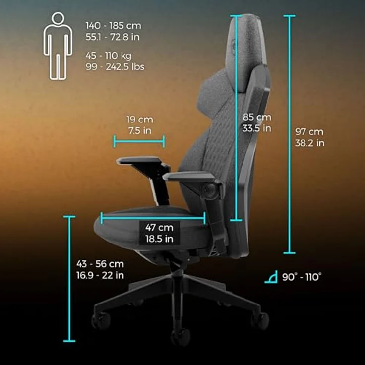 noblechairs DAWN TX Gaming Stuhl - ergonomisch, grauer Stoffbezug, Synchronmechanik, klappbare und höhenverstellbare Armlehnen, Universalrollen – Bild 2
