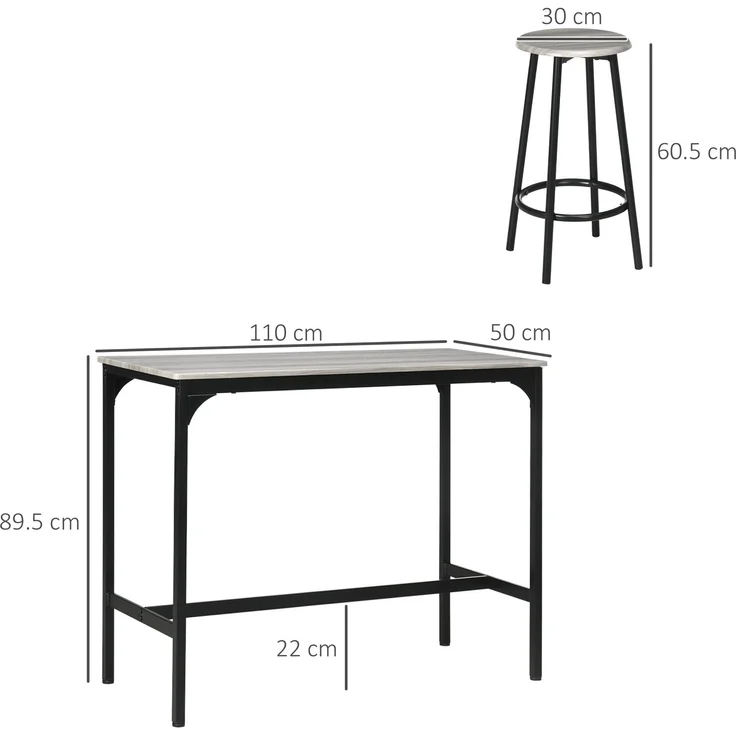 Bartisch-Set für 4 Personen 110x50x89,5 cm in Grau, MDF mit Metallgestell – Bild 5