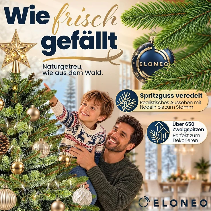 ELONEO Künstlicher Weihnachtsbaum, Dichte, biegsame Zweige, naturgetreu, Holzständer, schwer entflammbar – Bild 3