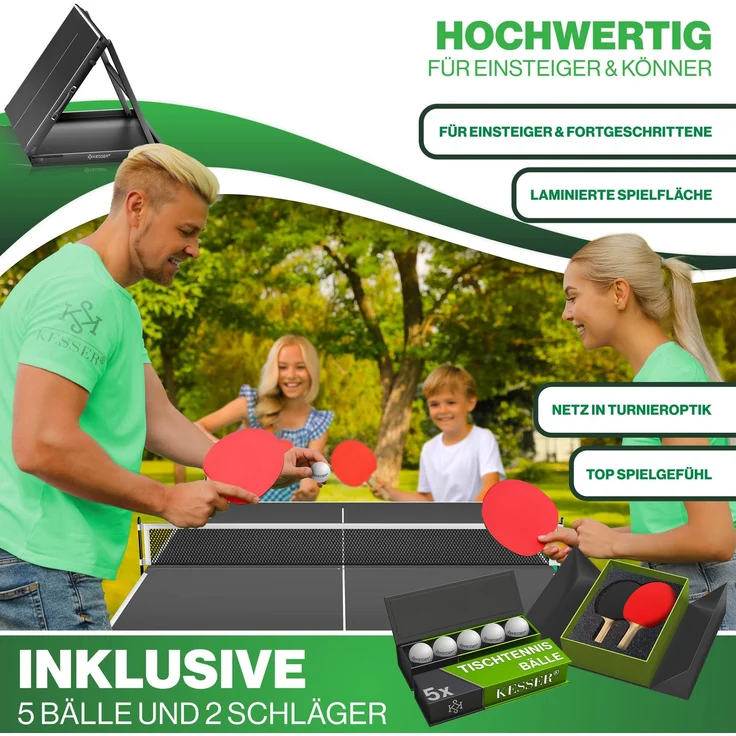 KESSER® Tischtennisplatte Mini mit Tischtennisschläger-Set, Tischtennisbällen und TT-Netz | Indoor | Unterwegs, laminierte Platte + klappbar – Kofferdesign, Kinder und Erwachsene – 153 x 76,5 cm Schwarz / Schwarz – Bild 2