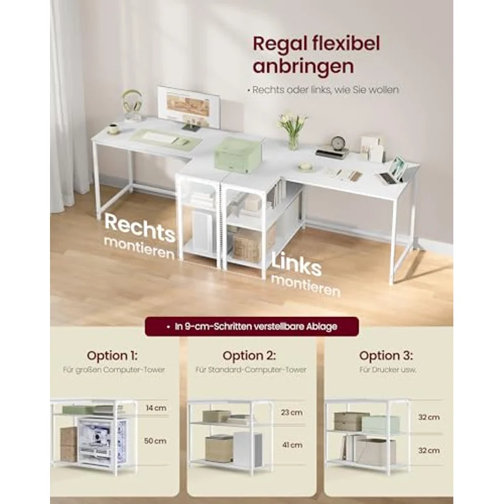VASAGLE Eckschreibtisch in L-Form, Computertisch mit Stauraum, Bürotisch, höhenverstellbare Ablage, für Homeoffice, 110x80 cm, ahornweiß LWD135WF01 – Bild 6