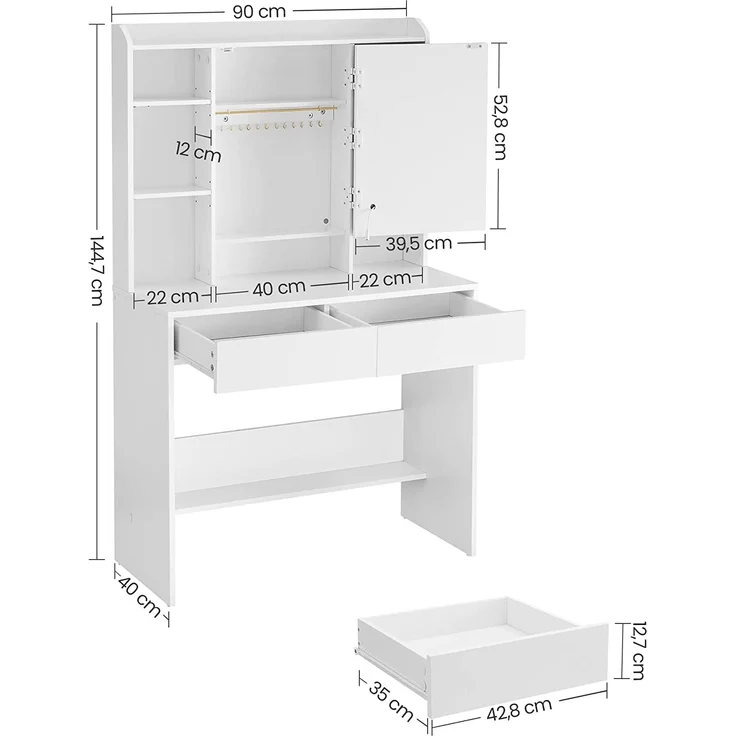 VASAGLE Schminktisch mit LED-Beleuchtung, 3 Farben mit Einstellbarer Helligkeit, Frisiertisch mit Spiegel für Make-up, Kosmetiktisch mit verstellbaren Ablagen, 2 Schubladen, modern, weiß – Bild 8