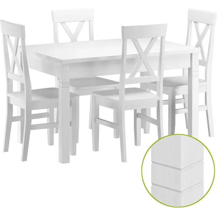 Repräsentative Essgruppe mit Tisch und 4 Stühle Kiefer Massivholz waschweiß 90.70-51 B W-Set 23