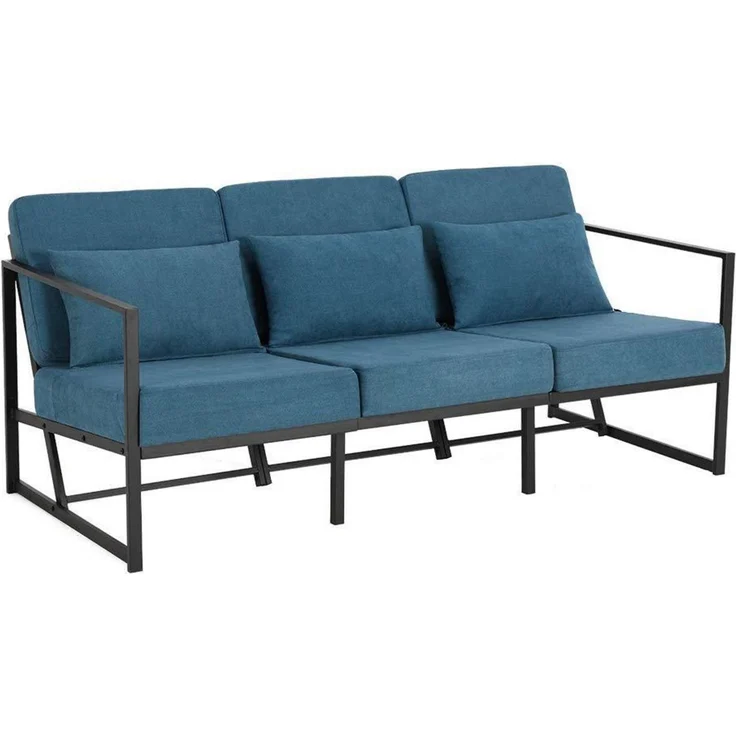 Sofa 3 Sitzer Couch Armlehnen Eisenbeine Wohnzimmer 3 Sitze Blau – Bild 1