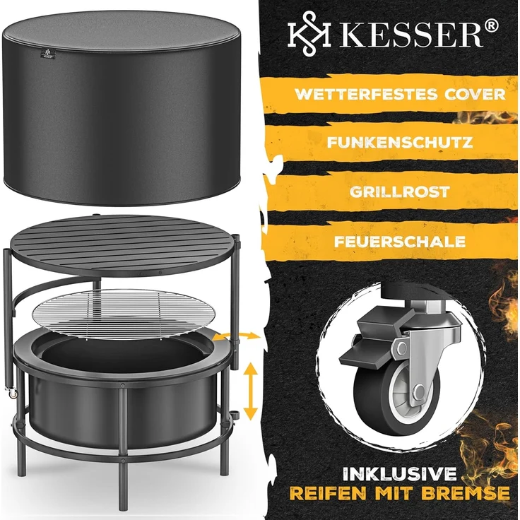 KESSER® Feuerschale mit Grillrost Ø65cm Feuerkorb 0,6mm Kaltveredelter Stahl | mobile Feuertonne mit Reifen | Holz & Kohle Feuerstelle inkl. 60cm Feuerhaken aus Gusseisen, Ø52cm, Bürste & Cover Schwarz – Bild 7