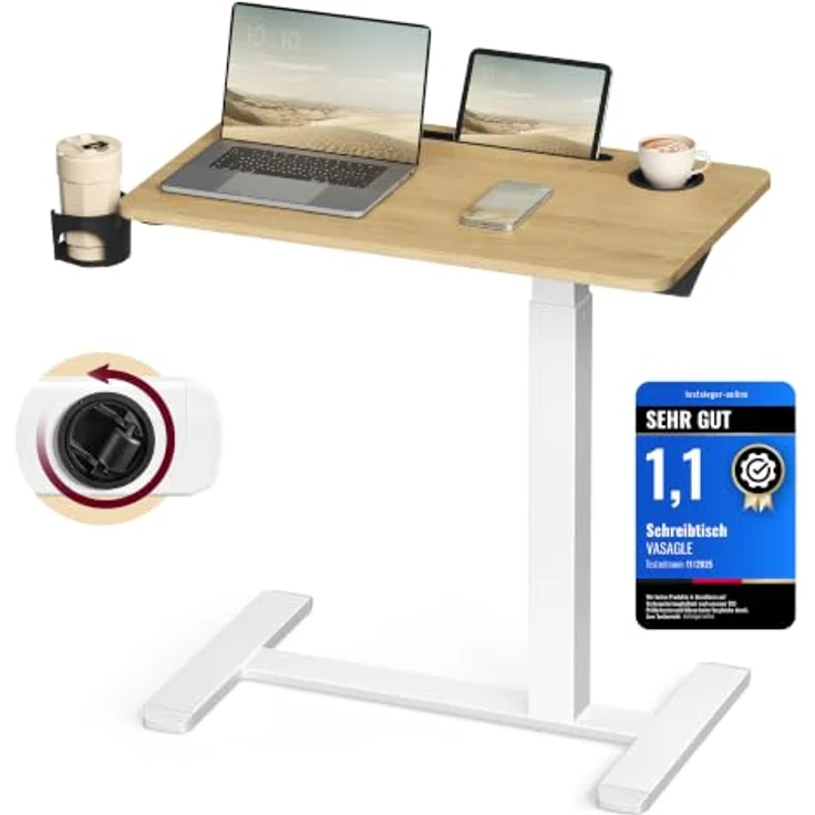 VASAGLE Beistelltisch mit Rollen, mobiler Stehtisch, 70x40 cm große Tischplatte, verstellbare Höhe, 2 Getränkehalter, Schlitz für Handy oder Tablet, goldeichenfarben LSD600YA01 – Bild 1