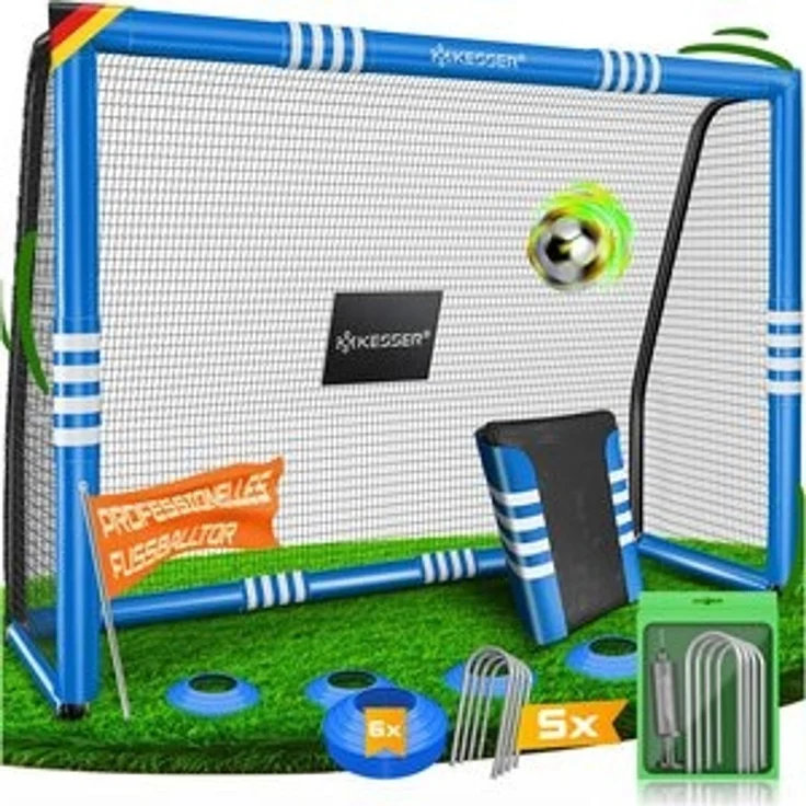 KESSER® Fußballtor für Garten robustes Outdoor Training Schusstraining UV-beständigem Netz, Stahlrahmen mit Polsterung, Erdhaken, Luftpumpe, Hüttchen, Montagezubehör für Kinder und Erwachsene Blau, 180cm, Ohne Torwand – Bild 6