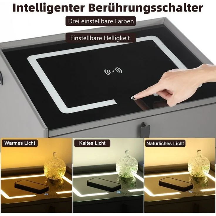 oyajia Nachttisch Nachttisch mit LED-Beleuchtung, mit 15W Kabelloses Laden,Beistelltisch (Schlafzimmer Nachttisch), Touch-Sensor-Licht, Modern Hochglanz Nachtschrank mit 3 Schubladen – Bild 4