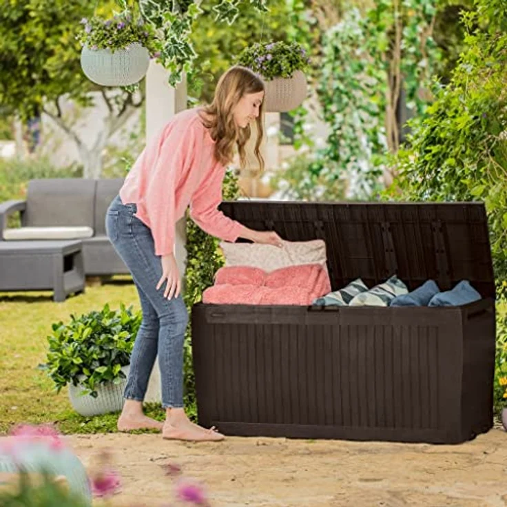 Curver Keter Comfy Gartenbox, Auflagenbox und Sitzmöglichkeit, 270L, braun, wetterbeständig – Bild 5