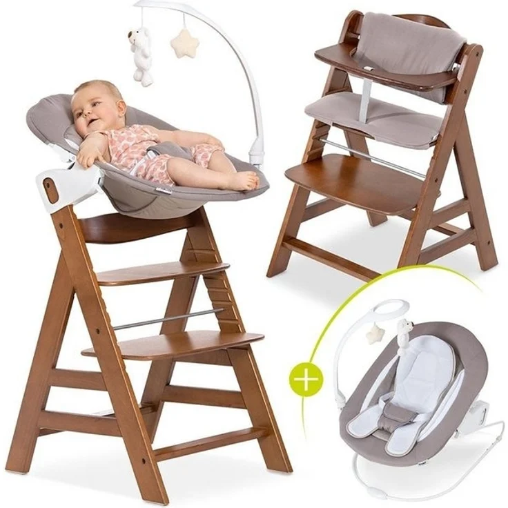 Hauck Hochstuhl Alpha Plus Walnut Newborn Set Deluxe (Set, 4 St), Holz Babystuhl ab Geburt inkl. Aufsatz für Neugeborene & Sitzauflage – Bild 4