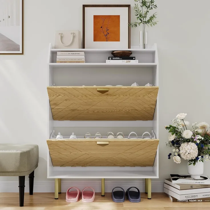 GarveeHome Schmaler Schuhschrank Mit 2 Klappen, Schlanker Freistehender Schuhschrank Für Den Eingangsbereich,Mit Kippschutz-Set, Verdecktes Schuhfach Mit Einlegeboden