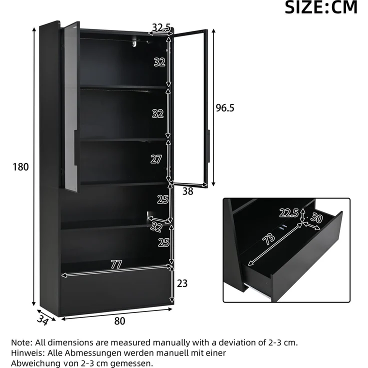 Vitrine 80x34x180 cm in Schwarz, Hochglanz-MDF mit Glastür, LED und Schublade – Bild 5