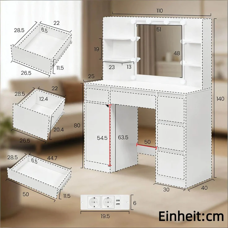 Moderner Stil Make-up Tisch,Bürotisch mit verschiedenen Speicher Dpace,Schreibtisch (nur mit Make-up-Tisch)--Weiß--110x40x140cm--YOUDENOVA – Bild 10