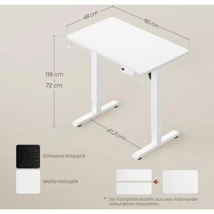 WOLTU Höhenverstellbarer Schreibtisch Elektrisch, kompakt mit Memory-Funktion & Kollisionsschutz, 80kg Tragkraft, geräuscharm, 80 x 48 cm, Weiß – Bild 3