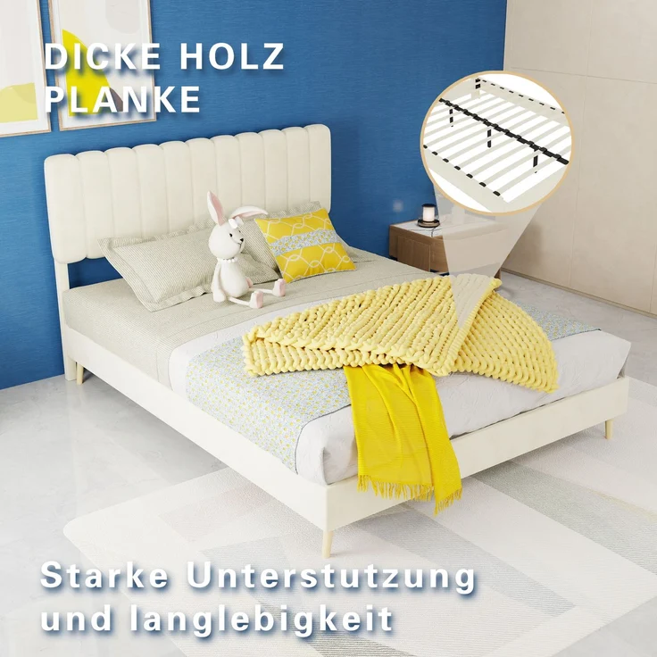 Novelux Modernes Polsterbett 140x200 cm mit weichem Kopfteil – Stabiler Holzbettrahmen aus holländischem Samt Beige, Plattformbett ohne Matratze – Bild 5
