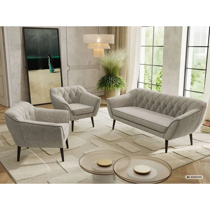 Wohnzimmerset PIRS 1-1-3, Skandinavisches 3-Sitzer Sofa mit Sesseln, Sofa mit Wellenfederung, schwarze Füße, Skandinavisches Möbelset - Beige Stukture – Bild 5