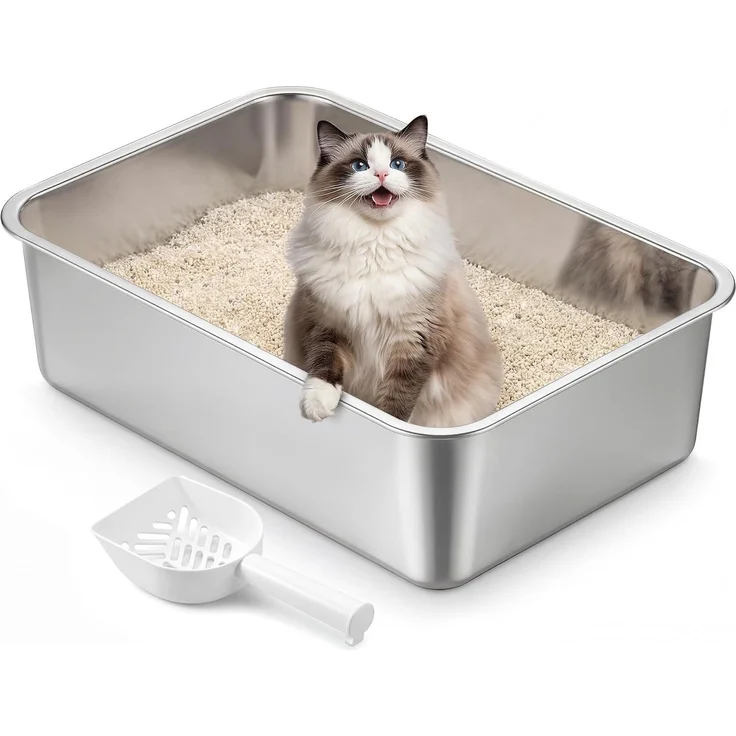 FEANDREA Großes Edelstahl Katzenklo Offen mit Hohem Rand Geruchsfrei 50 x 35 x 15 cm Silber – Bild 1