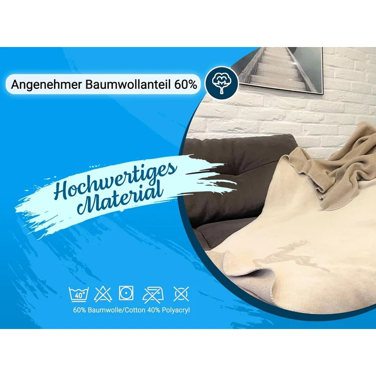 ZOLLNER Kuscheldecke, 150x200 cm, creme (beige) mit Hirschmotiv, 60% Baumwolle / 40% Polyacryl – Bild 3