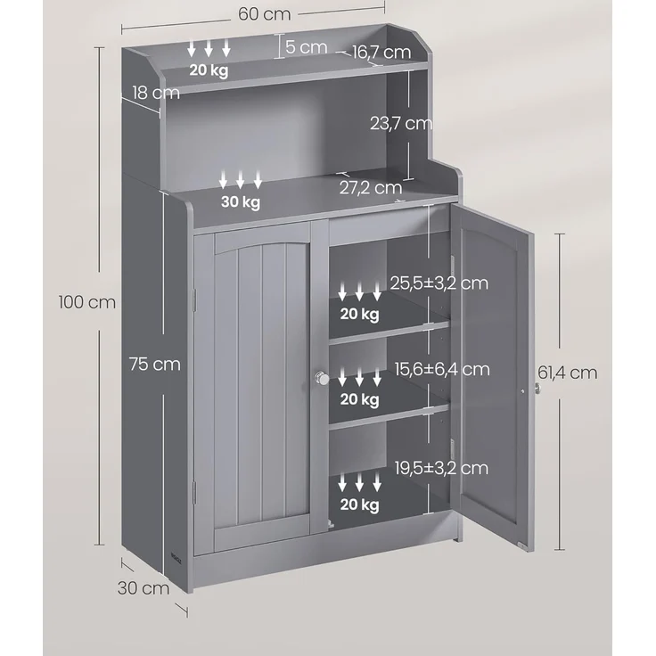 VASAGLE Badezimmerschrank, Badschrank mit 2 Türen, 2 verstellbare Eingeböden, 30 x 60 x 100 cm, Schrank für Esszimmer, Küche, Wohnzimmer, Taubengrau BBC770G02 – Bild 3