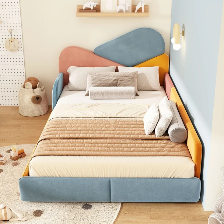 TavilaEcon Polsterbett Weiches Bodenbett mit gepolstertem Kopfteil & Fallschutz Blau+Pink+Orange Liegefläche 140 × 200 cm – Bild 4