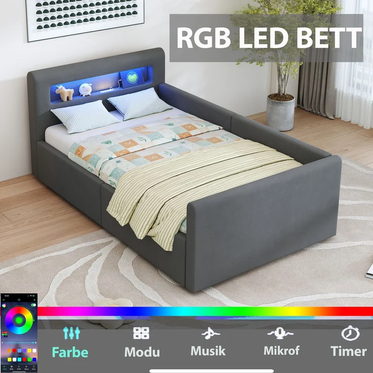 Polsterbett Kinderbett 90*200 cm, Mit LED-Licht, Mit Nachtlicht und USB-Ladeanschluss, Mit Regal, Mit Hydraulischem Stauraum, Einfaches Einzelbett, Jungen- und Mädchenbetten, Samtstoff, Dunkelgrau – Bild 6