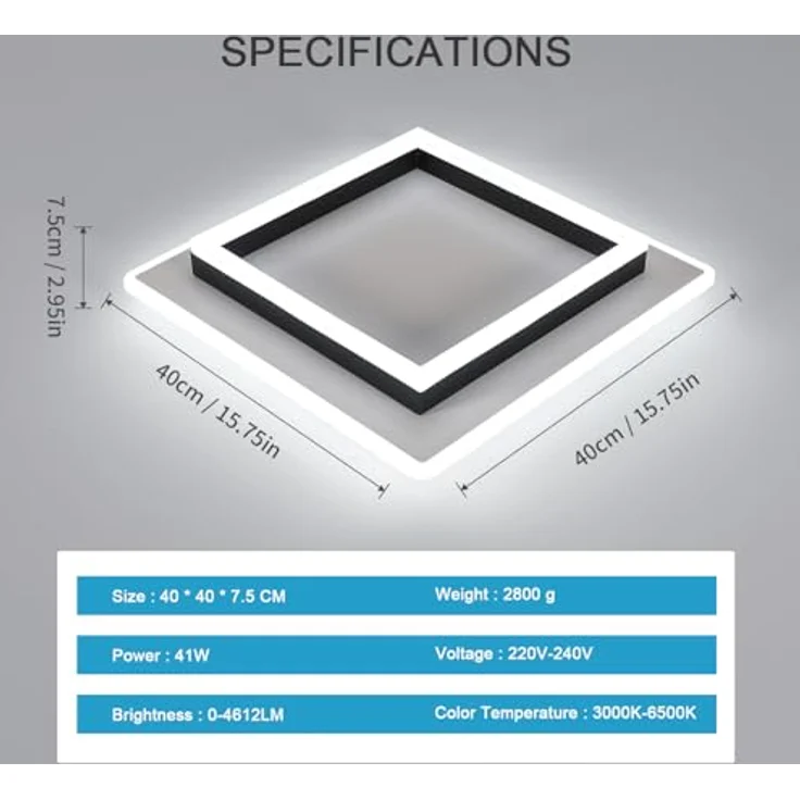 Goeco LED Deckenleuchte Dimmbar 40x40 CM 41W Quadratisch Deckenlampe Schwarz 3000K-6500K LED Lampen Deckenbeleuchtung aus Acryl für Schlafzimmer, Wohnzimmer – Bild 2