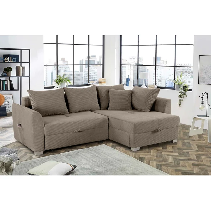 Ecksofa L-Form Couch Polsterecke Schlaffunktion Bettkasten in Cord Braun Taupe – Bild 2