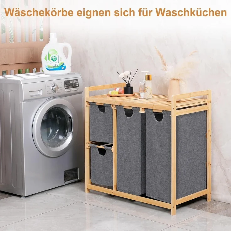 iEGrow Wäschekorb 3 Fächer Rollen Bambus 150L Schmutzwäsche Oxford-Gewebe – Bild 7