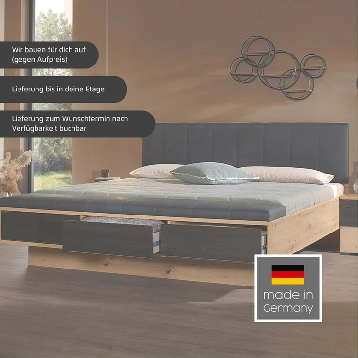 rauch Bettanlage Bett Doppelbett Komfortbett Funktionsbett APOLLON, (3-tlg, Liegefläche 180x200, optional mit Bettbank und Stauraum), Polster-Kopfteil in Lederoptik black, mit Beleuchtung MADE IN GERMANY – Bild 3