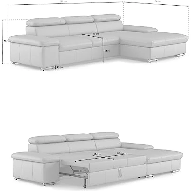 CAVADORE Leder-Schlafsofa Valerie mit XL-Longchair / Eckcouch mit Schlaffunktion, Kopfteilverstellung + großem Longchair / 286 x 73 x 174 / Echtleder Beige – Bild 6