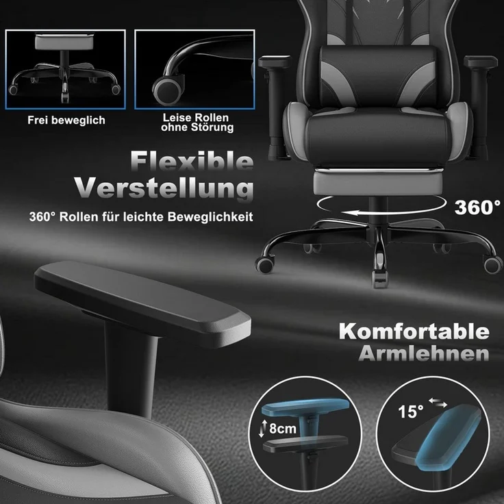 HOMALL Gaming-Stuhl Massage Gaming Stuhl mit Fußstütze 90-135° Rückenlehne einstellbar (Bürostuhl Ergonomisch,Verstellbarem Lenden- & Kopfkissen,mit Fußstütze), Ergonomischer Bürostuhl,Kopfstütze und Lendenstütze – Bild 3