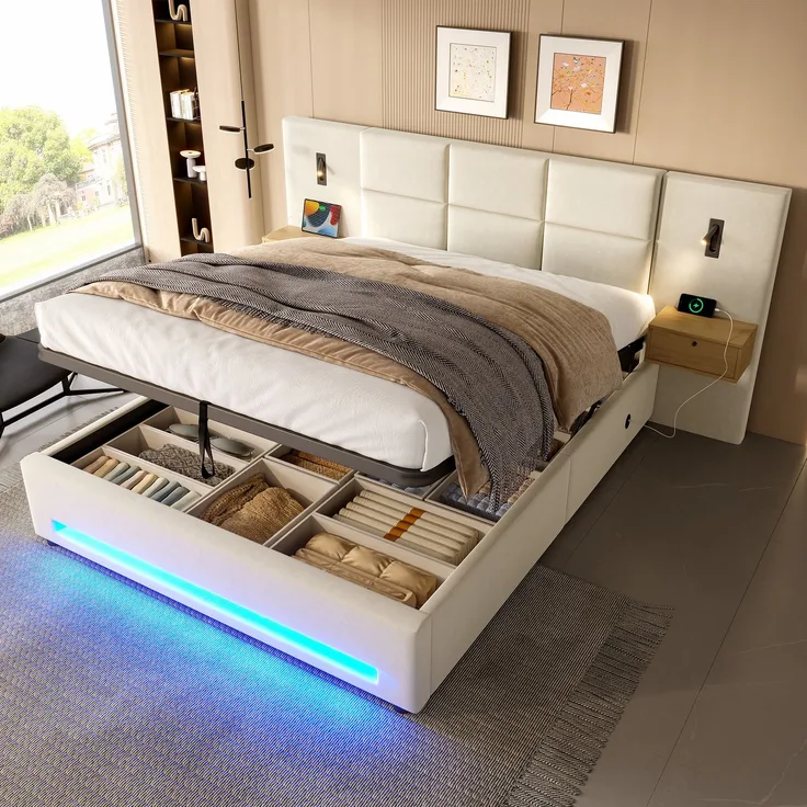 TavilaEcon Boxspringbett mit Samtkopfteil, praktischen Stauschubladen und LED-Nachtlicht beige Liegefläche 180 × 200 cm