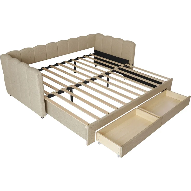 CHICFURN Bett aus Chenille Beige 90/180x190 cm ausziehbar mit 2 Schubladen und USB- und Type-C-Anschlüssen – Bild 8