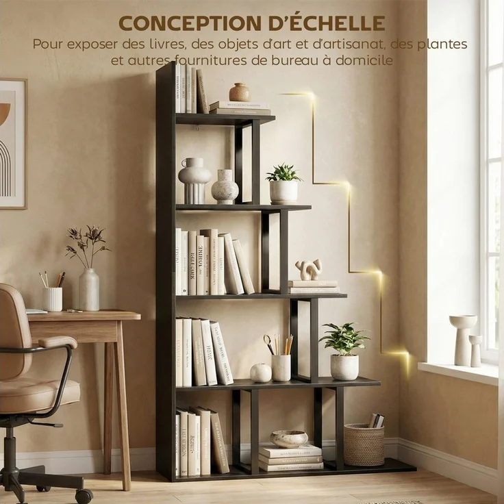 Luckice Bücherregal Offenes Bücherregal als Raumteiler, 5-stufiges Treppenregal, im Industrie-Design, Multifunktionales Standregal für Wohn- und Arbeitsbereiche, Schwarz, 102 x 30 x 160 cm – Bild 3