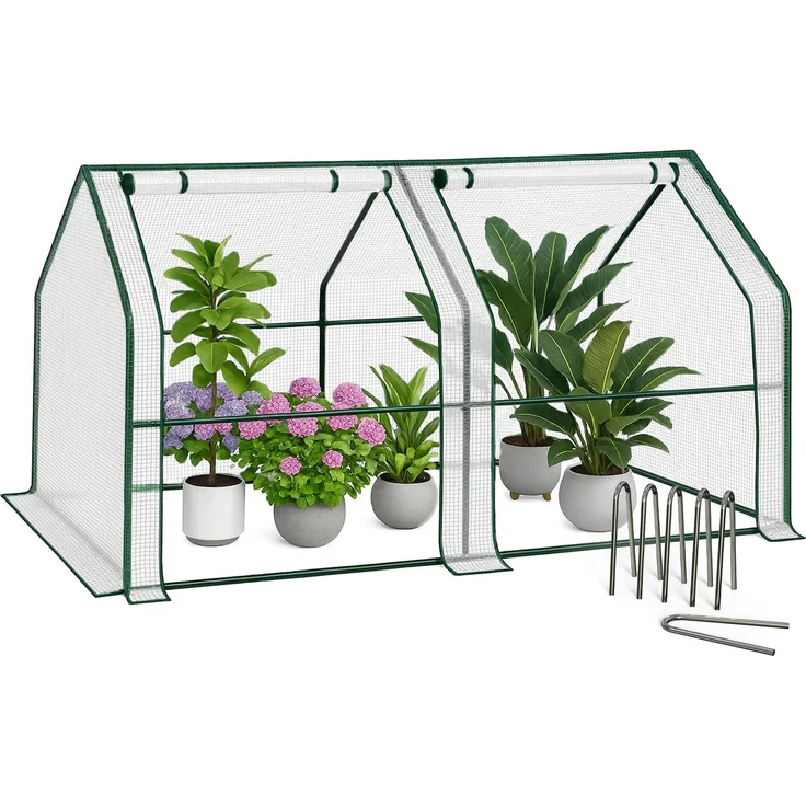 VOUNOT Gewächshaus Mini 180 x 90 x 90 cm mit 2 Rolltür, Klein Foliengewächshaus für Balkon, Garten, Tomatengewächshaus Stabil Winterfest Wetterfest, Verstärkte PE-Folie 135g/m², Weiß