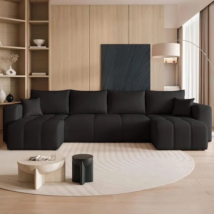 U-förmiges Ecksofa mit Schlaffunktion und Bettkasten, Schwarz, Maße: 318 x 145 x 79 cm – Bild 2
