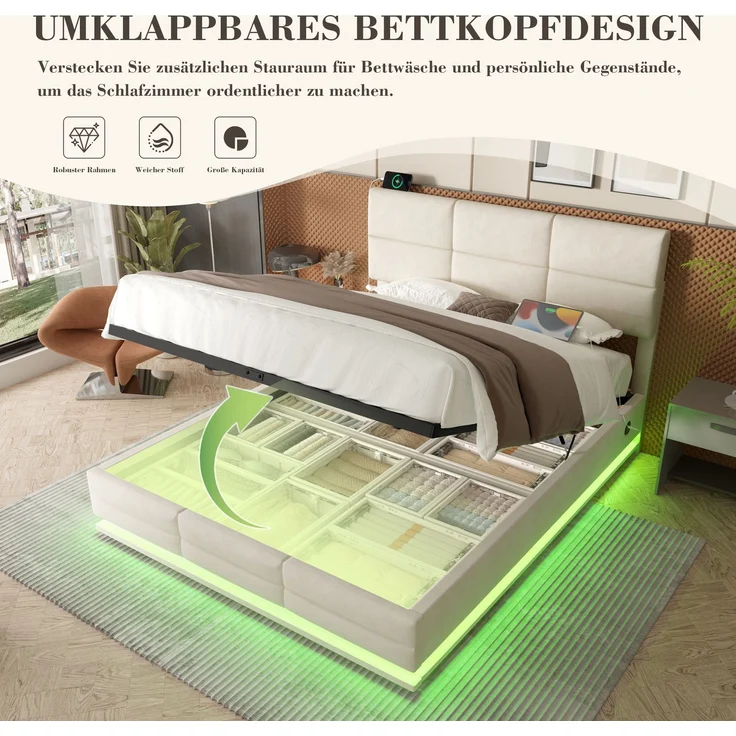 Boxspringbett Samt Beige Höhenverstellbar mit LED Beleuchtung USB Anschluss Hydraulik Stauraum Kopfteil Doppelbett – Bild 5