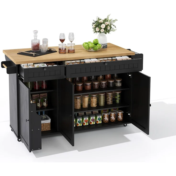 Merax Kücheninsel mit klappbarer Arbeitsplatte, Küchenschrank auf 6 feststellbaren Rollen, mit Ablage, Türregal, 2 großen Schubladen und Schrank, Schwarz, 137 x 89,5 x 45 cm – Bild 10