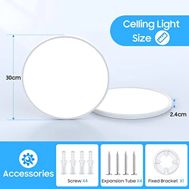 Deckenlampe Led Deckenleuchte Flach Rund - Ø30CM 24W 6500K 2400LM Kaltweiß Modern Küchenlampe Badlampe Led Deckenlampe Wohnzimmer Lampe Decke für Küche Schlafzimmer Badezimmer Kinderzimmer Flur Keller – Bild 7