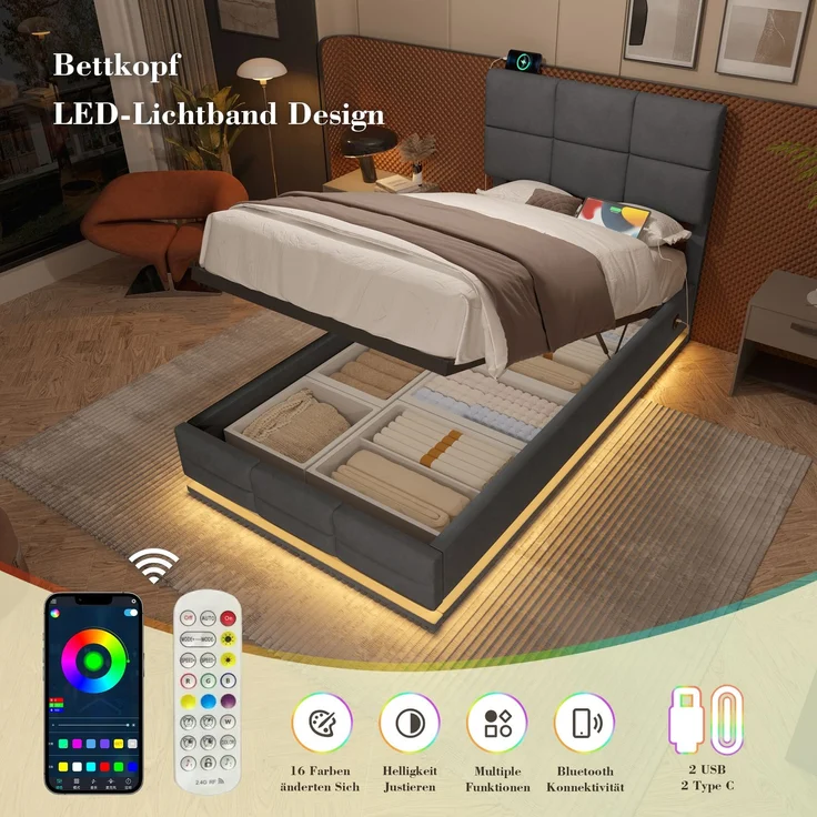TavilaEcon Boxspringbett Modernes Polsterbett mit höhenverstellbarem Kopfteil & LED-Beleuchtung grau Liegefläche 90 × 200 cm – Bild 6
