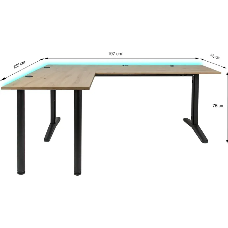 SyberDesk Gaming Eckschreibtisch V2 LED, 197 x 132 cm, RGB Gaming Tisch L-Form, USB-HUB, Kabelmanagement, Artisan-Eiche, (links-Eichenstil) – Bild 2