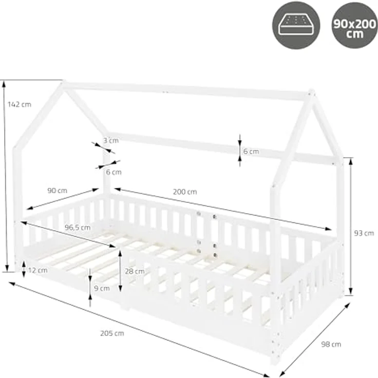 ML-DESIGN Kinderbett Hausbett mit Rausfallschutz, Dach und Lattenrost Massivholz, Bett 90x200 cm Weiß mit Matratze 10cm für Mädchen Jungen Holzbett – Bild 3