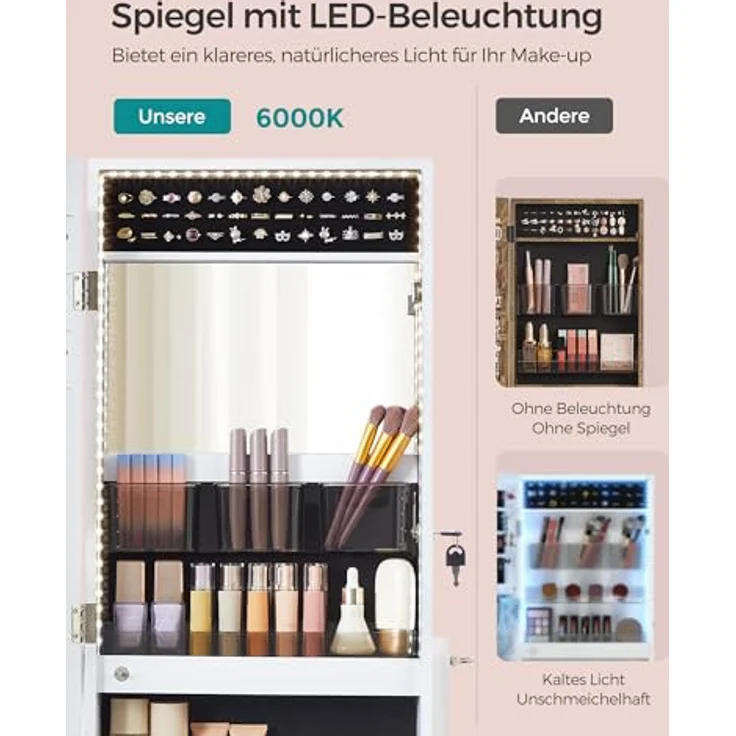 SONGMICS Schmuckschrank, Spiegelschrank, mit rahmenlosem Ganzkörperspiegel, LED-Beleuchtung, Innenspiegel, 2 Schubladen, abschließbar, wolkenweiß JJC023W01 – Bild 6