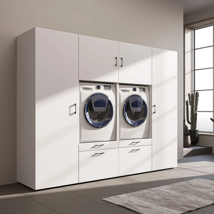 Roomart Waschmaschinenschrank SERIE-III Schrankwand 254 cm – 2 Geräte, Soft-Close | • Weiß – Bild 2