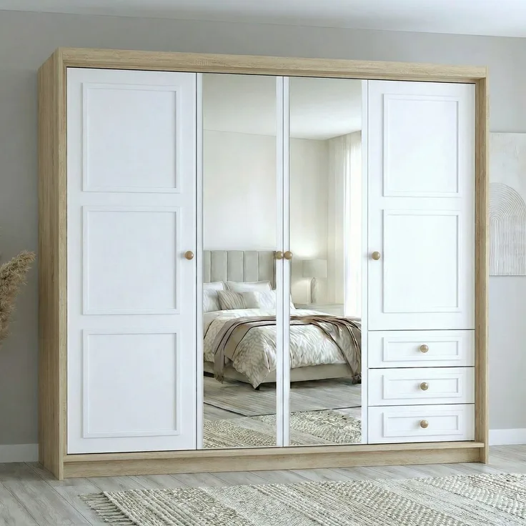Drehtürenschrank OSLO viertüriger Kleiderschrank mit Schubladen und Metallgriffen