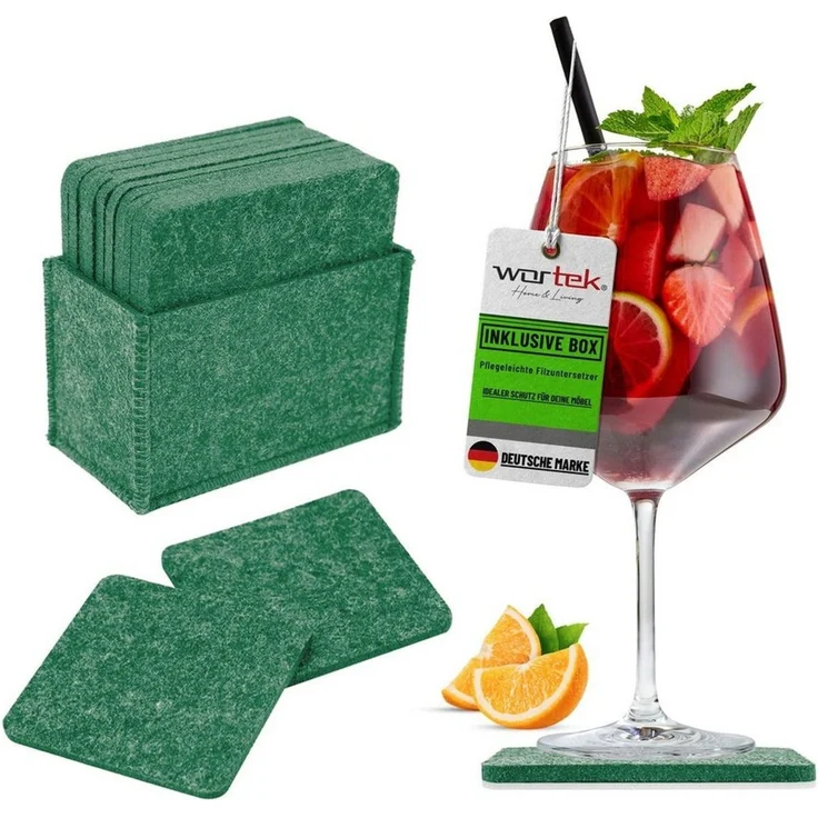 wortek Getränkeuntersetzer Filz-Untersetzer Eckig für Gläser 10er Set + Box, Zubehör für Tisch & Gläser, Set, 10-tlg, waschbare Getränke Glasuntersetzer Gläser, Tischuntersetzer Filz 10 cm – Bild 1