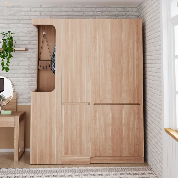 CHICFURN Kleiderschrank 140x170x40 cm aus Holz mit Schubladen und offenem Hängebereich Naturholz – Bild 3