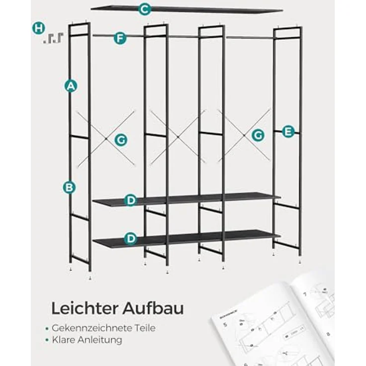 SONGMICS Kleiderschrank offen, Kleiderständer, Garderobenständer, Garderobe mit Kleiderstange, Ablagen, abnehmbare Haken, 40 x 141 x 180 cm, ebenholzschwarz RGR005B56 – Bild 8