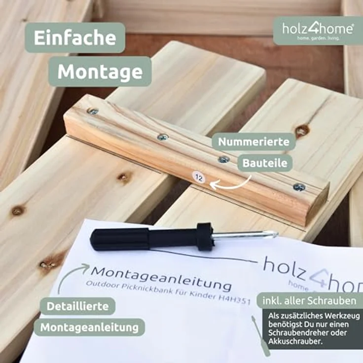 holz4home Outdoor Picknickbank Kinder, massive Kiefernholz-Bank für mehrere Personen, wetterfest und langlebig – Bild 6