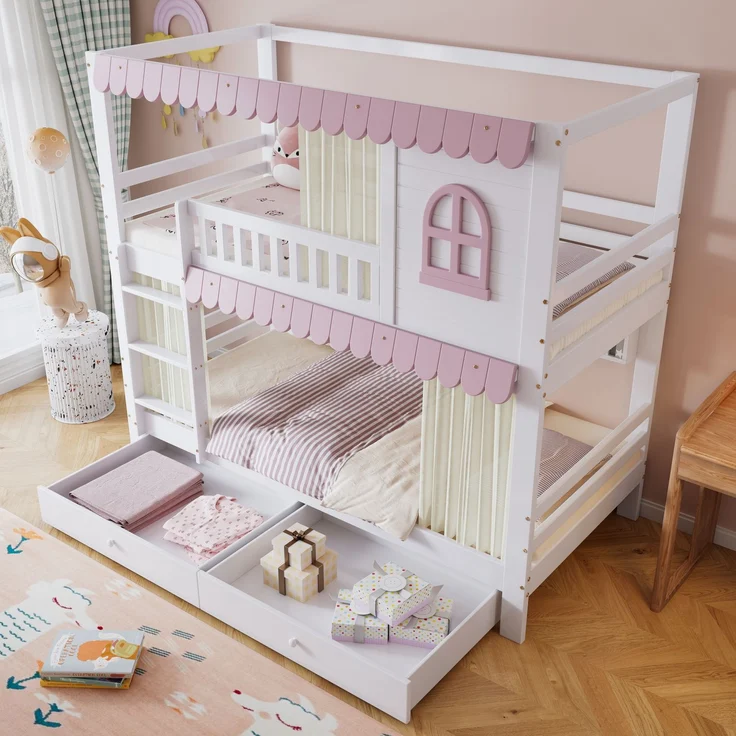Merax Etagenbett 90x200cm mit 2 Schubladen, Kinderbett Hausbett mit Regal, Hochbett mit Lattenrost und Leiter, Stockbett Holzbett, Weiß+Rosa – Bild 2